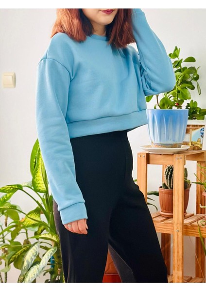 Kadın Oversize Polarlı Düşük Kol Crop Sweatshirt