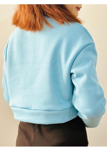 Kadın Oversize Polarlı Düşük Kol Crop Sweatshirt