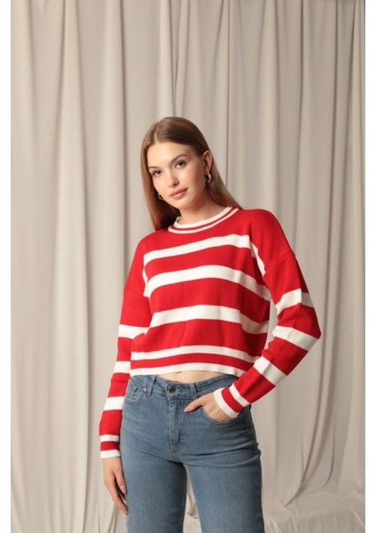 Kadın Çizgili Triko Yarı Crop Kazak fiyatları