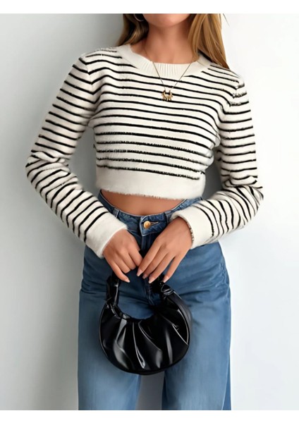 Kadın Uzun Kollu Çizgili Crop Triko Kazak fiyatları