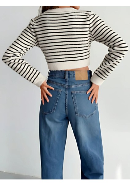 Kadın Uzun Kollu Çizgili Crop Triko Kazak modelleri