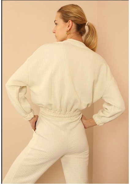Kadın Kapitone Kumaş Oversize Cepli Beli Lastikli Sweatshirt