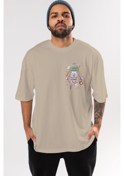 Joker Ön Sol Baskılı Oversize T-Shirt Erkek Kadın Unisex Pamuk Bisiklet Yaka Tişort