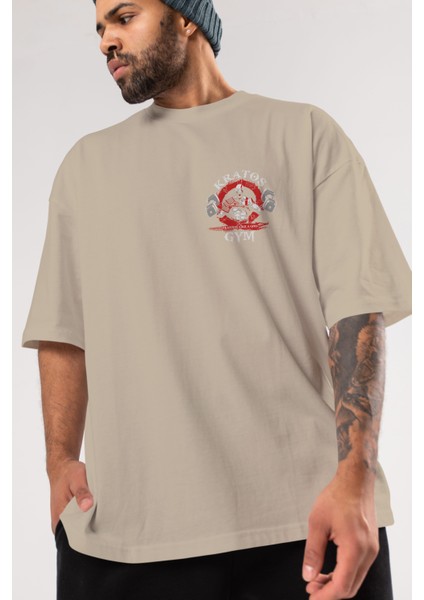 Kratos Gym Ön Sol Baskılı Oversize T-Shirt Erkek Kadın Unisex Pamuk Bisiklet Yaka Tişort modelleri