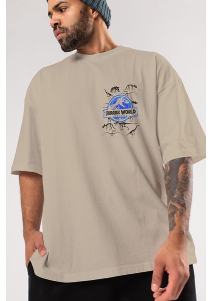 Jurassic Park (5) Ön Sol Baskılı Oversize T-Shirt Erkek Kadın Unisex Pamuk Bisiklet Yaka Tişort modelleri