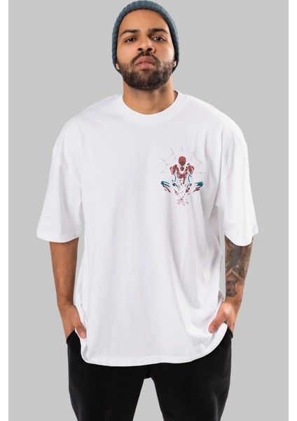 Spiderman (15) Ön Sol Baskılı Oversize T-Shirt Erkek Kadın Unisex Pamuk Bisiklet Yaka Tişort