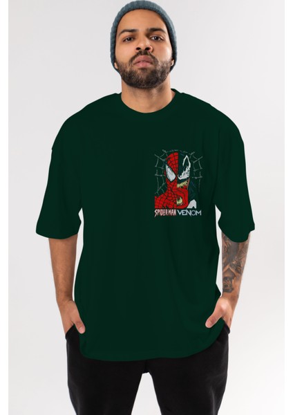 Spiderman Venom Ön Sol Baskılı Oversize T-Shirt Erkek Kadın Unisex Pamuk Bisiklet Yaka Tişort