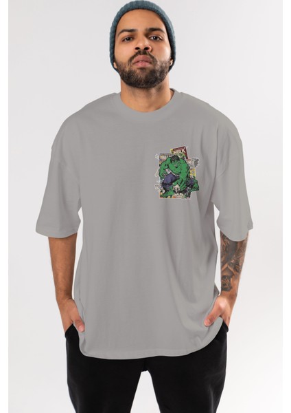 Hulk Ön Sol Baskılı Oversize T-Shirt Erkek Kadın Unisex Pamuk Bisiklet Yaka Tişort