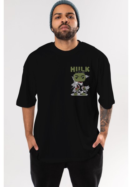 Hulk (9) Ön Sol Baskılı Oversize T-Shirt Erkek Kadın Unisex Pamuk Bisiklet Yaka Tişort