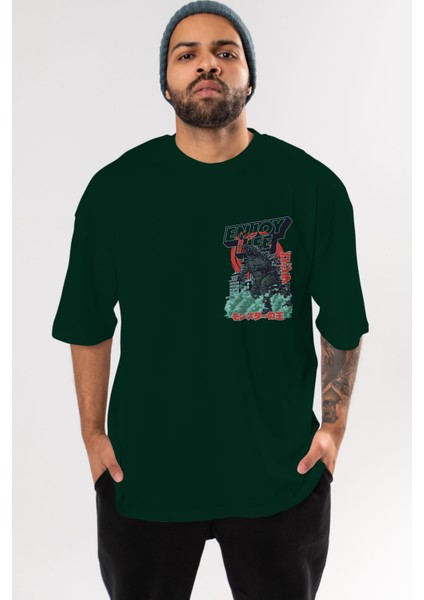 Godzilla Ön Sol Baskılı Oversize T-Shirt Erkek Kadın Unisex Pamuk Bisiklet Yaka Tişort