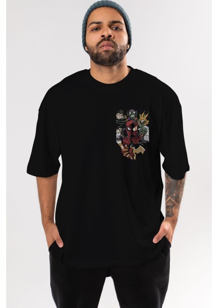 Spiderman (31) Ön Sol Baskılı Oversize T-Shirt Erkek Kadın Unisex Pamuk Bisiklet Yaka Tişort