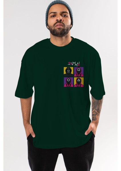 Squid Game (1) Ön Sol Baskılı Oversize T-Shirt Erkek Kadın Unisex Pamuk Bisiklet Yaka Tişort