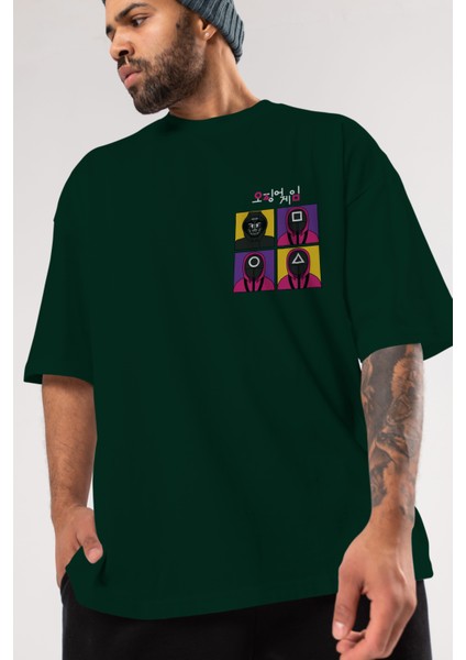 Squid Game (1) Ön Sol Baskılı Oversize T-Shirt Erkek Kadın Unisex Pamuk Bisiklet Yaka Tişort modelleri
