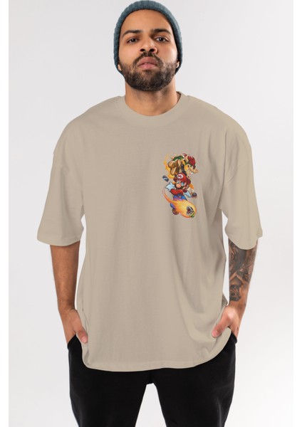 Super Mario 1 Ön Sol Baskılı Oversize T-Shirt Erkek Kadın Unisex Pamuk Bisiklet Yaka Tişort