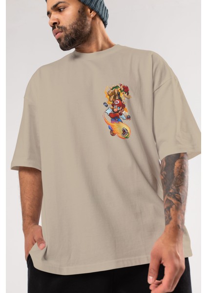 Super Mario 1 Ön Sol Baskılı Oversize T-Shirt Erkek Kadın Unisex Pamuk Bisiklet Yaka Tişort modelleri