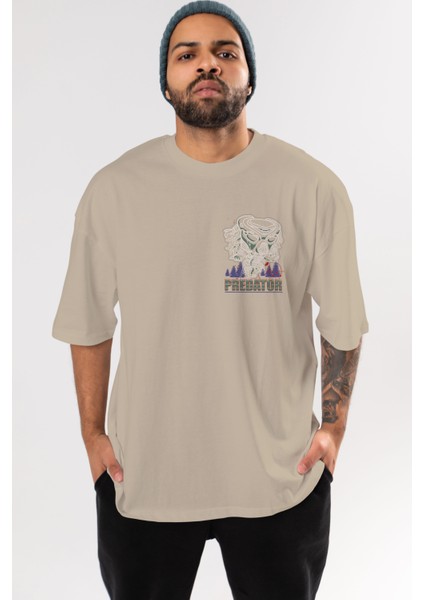 Predator Ön Sol Baskılı Oversize T-Shirt Erkek Kadın Unisex Pamuk Bisiklet Yaka Tişort