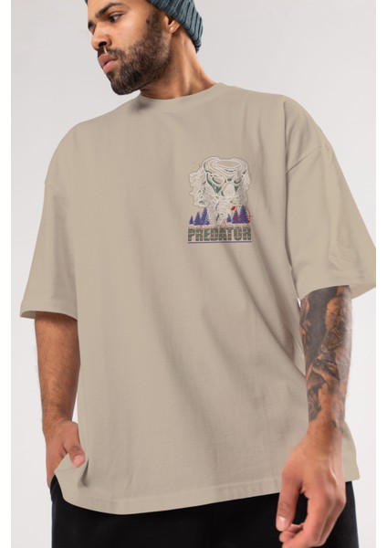 Predator Ön Sol Baskılı Oversize T-Shirt Erkek Kadın Unisex Pamuk Bisiklet Yaka Tişort modelleri