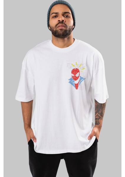 Spiderman (18) Ön Sol Baskılı Oversize T-Shirt Erkek Kadın Unisex Pamuk Bisiklet Yaka Tişort