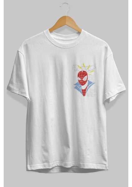 Spiderman (18) Ön Sol Baskılı Oversize T-Shirt Erkek Kadın Unisex Pamuk Bisiklet Yaka Tişort fiyatları