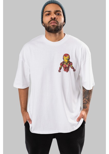 Iron Man Ön Sol Baskılı Oversize T-Shirt Erkek Kadın Unisex Pamuk Bisiklet Yaka Tişort