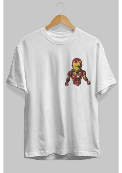 Iron Man Ön Sol Baskılı Oversize T-Shirt Erkek Kadın Unisex Pamuk Bisiklet Yaka Tişort