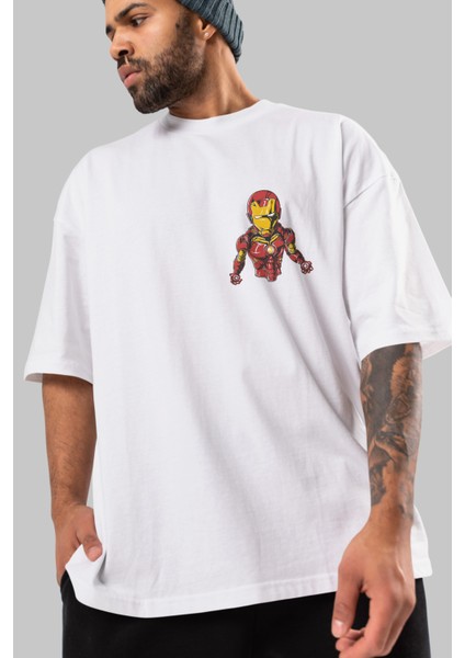 Iron Man Ön Sol Baskılı Oversize T-Shirt Erkek Kadın Unisex Pamuk Bisiklet Yaka Tişort