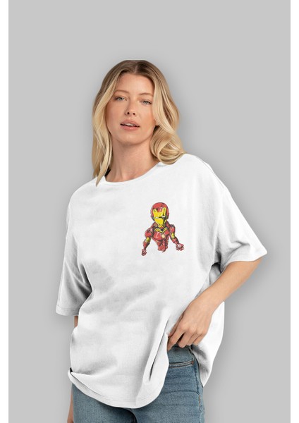Iron Man Ön Sol Baskılı Oversize T-Shirt Erkek Kadın Unisex Pamuk Bisiklet Yaka Tişort