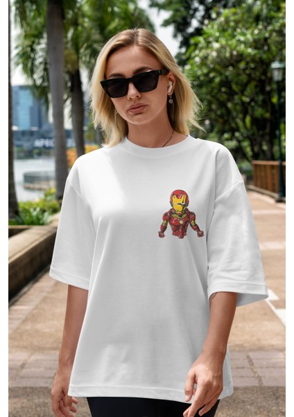 Iron Man Ön Sol Baskılı Oversize T-Shirt Erkek Kadın Unisex Pamuk Bisiklet Yaka Tişort