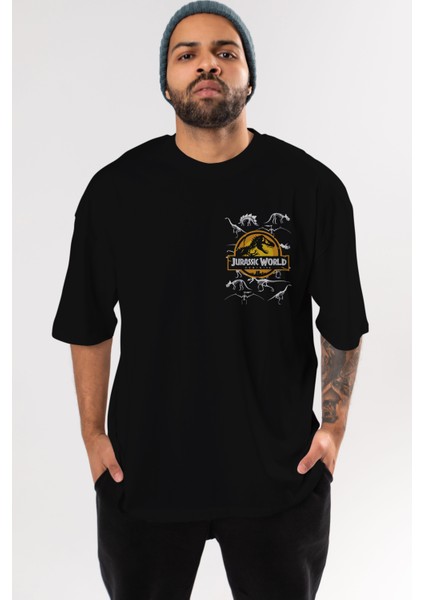 Jurassic Park (5) Ön Sol Baskılı Oversize T-Shirt Erkek Kadın Unisex Pamuk Bisiklet Yaka Tişort