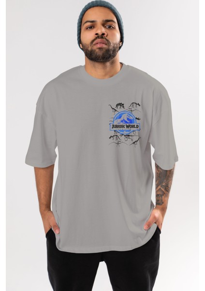 Jurassic Park (5) Ön Sol Baskılı Oversize T-Shirt Erkek Kadın Unisex Pamuk Bisiklet Yaka Tişort