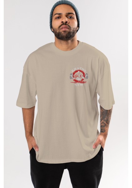 Kratos Gym Ön Sol Baskılı Oversize T-Shirt Erkek Kadın Unisex Pamuk Bisiklet Yaka Tişort