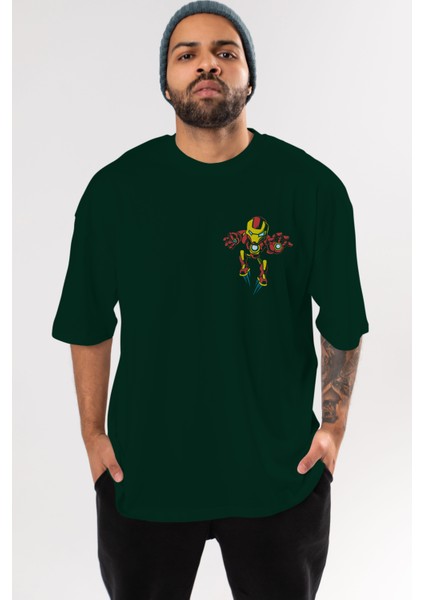 Iron Man (1) Ön Sol Baskılı Oversize T-Shirt Erkek Kadın Unisex Pamuk Bisiklet Yaka Tişort