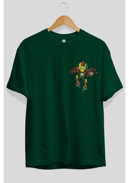Iron Man (1) Ön Sol Baskılı Oversize T-Shirt Erkek Kadın Unisex Pamuk Bisiklet Yaka Tişort