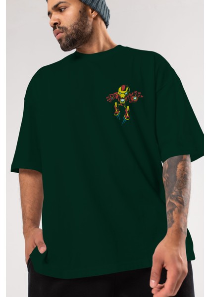 Iron Man (1) Ön Sol Baskılı Oversize T-Shirt Erkek Kadın Unisex Pamuk Bisiklet Yaka Tişort
