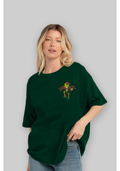 Iron Man (1) Ön Sol Baskılı Oversize T-Shirt Erkek Kadın Unisex Pamuk Bisiklet Yaka Tişort