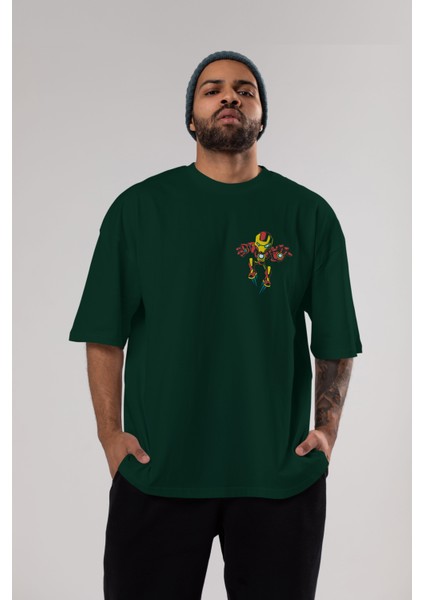 Iron Man (1) Ön Sol Baskılı Oversize T-Shirt Erkek Kadın Unisex Pamuk Bisiklet Yaka Tişort
