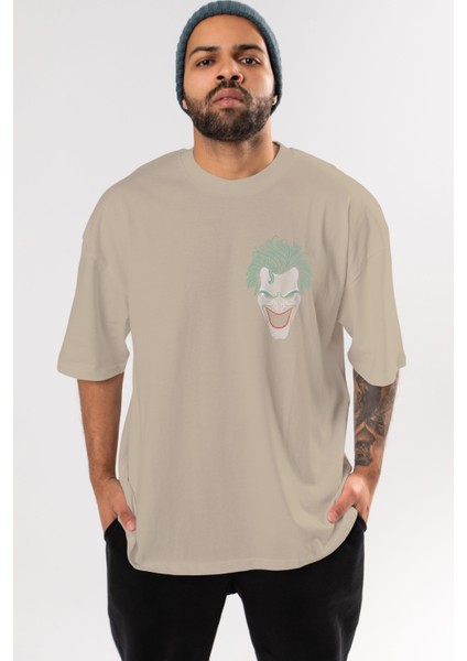 Joker (1) Ön Sol Baskılı Oversize T-Shirt Erkek Kadın Unisex Pamuk Bisiklet Yaka Tişort