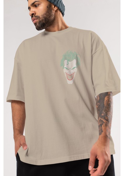 Joker (1) Ön Sol Baskılı Oversize T-Shirt Erkek Kadın Unisex Pamuk Bisiklet Yaka Tişort modelleri