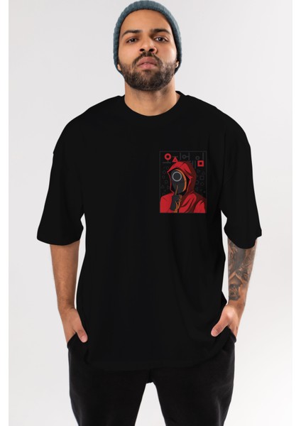Squid Game (5) Ön Sol Baskılı Oversize T-Shirt Erkek Kadın Unisex Pamuk Bisiklet Yaka Tişort