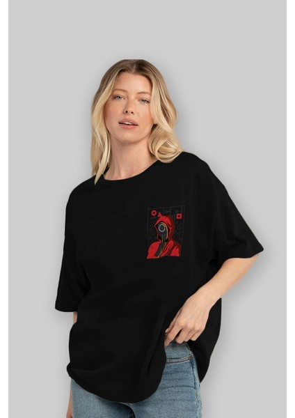 Squid Game (5) Ön Sol Baskılı Oversize T-Shirt Erkek Kadın Unisex Pamuk Bisiklet Yaka Tişort