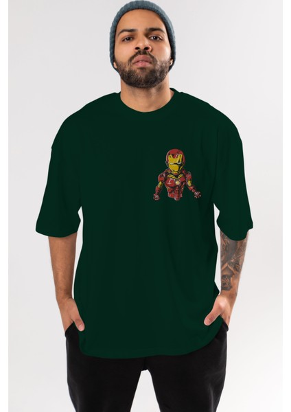 Iron Man Ön Sol Baskılı Oversize T-Shirt Erkek Kadın Unisex Pamuk Bisiklet Yaka Tişort
