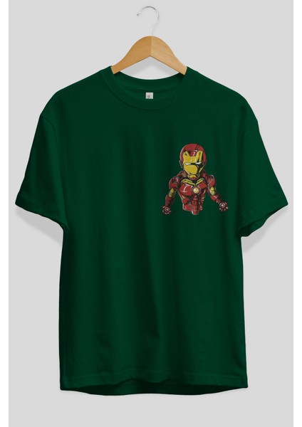 Iron Man Ön Sol Baskılı Oversize T-Shirt Erkek Kadın Unisex Pamuk Bisiklet Yaka Tişort