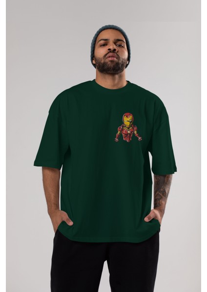 Iron Man Ön Sol Baskılı Oversize T-Shirt Erkek Kadın Unisex Pamuk Bisiklet Yaka Tişort
