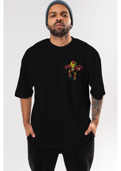 Iron Man (1) Ön Sol Baskılı Oversize T-Shirt Erkek Kadın Unisex Pamuk Bisiklet Yaka Tişort