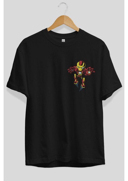 Iron Man (1) Ön Sol Baskılı Oversize T-Shirt Erkek Kadın Unisex Pamuk Bisiklet Yaka Tişort