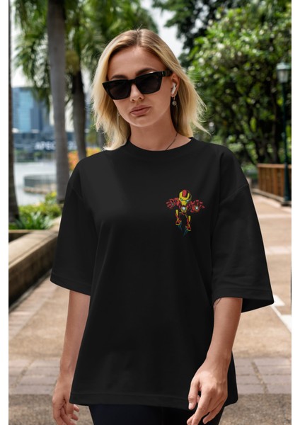 Iron Man (1) Ön Sol Baskılı Oversize T-Shirt Erkek Kadın Unisex Pamuk Bisiklet Yaka Tişort