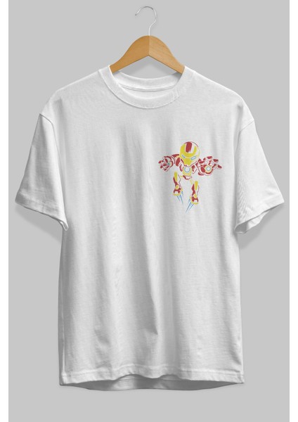 Iron Man (1) Ön Sol Baskılı Oversize T-Shirt Erkek Kadın Unisex Pamuk Bisiklet Yaka Tişort