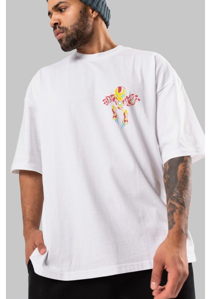 Iron Man (1) Ön Sol Baskılı Oversize T-Shirt Erkek Kadın Unisex Pamuk Bisiklet Yaka Tişort