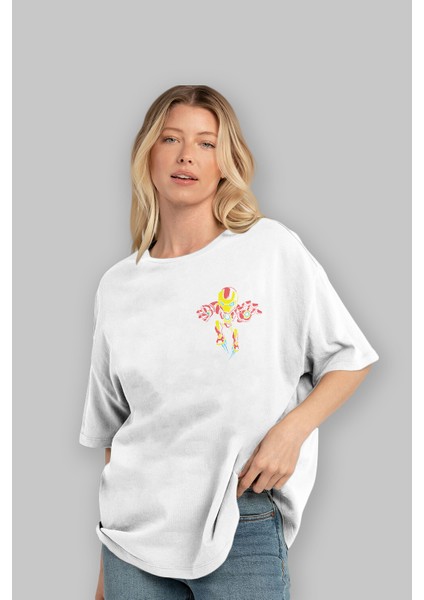 Iron Man (1) Ön Sol Baskılı Oversize T-Shirt Erkek Kadın Unisex Pamuk Bisiklet Yaka Tişort