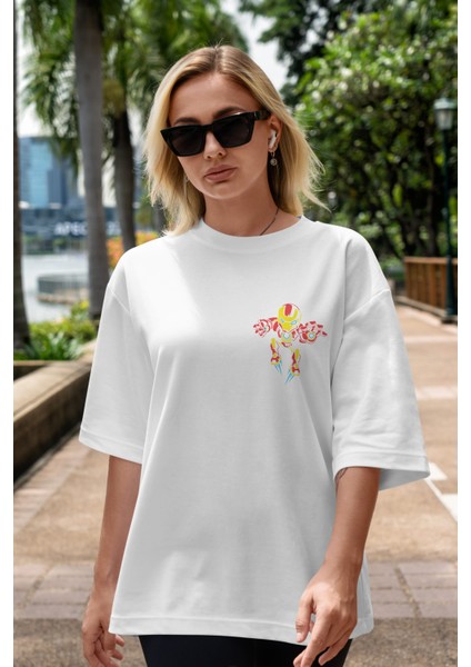 Iron Man (1) Ön Sol Baskılı Oversize T-Shirt Erkek Kadın Unisex Pamuk Bisiklet Yaka Tişort